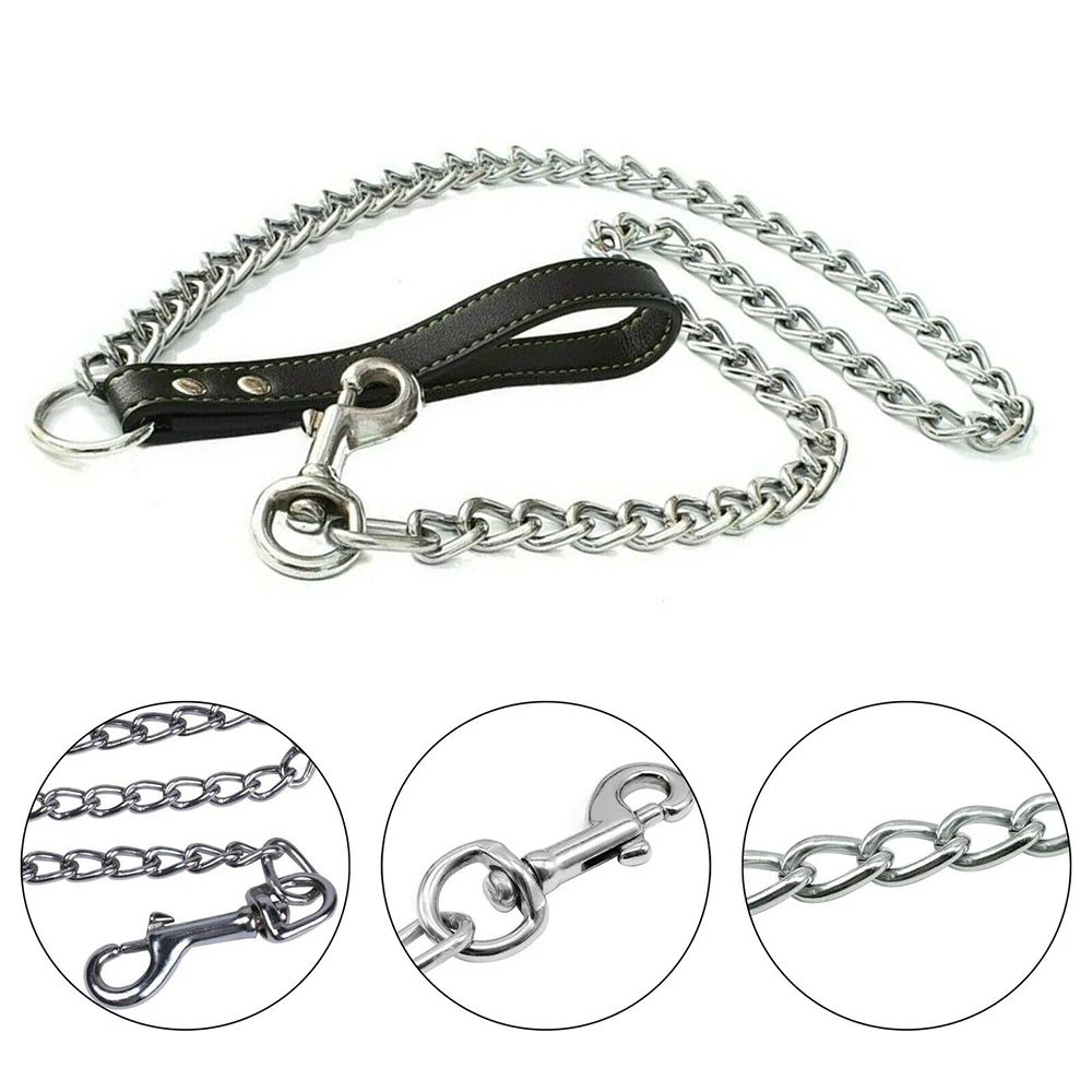 New Heavy Duty Metal Chain Dog Lead With Leather Handle Long Strong Control Leash Outdoor Pet Traction Rope Anti Bite Chain