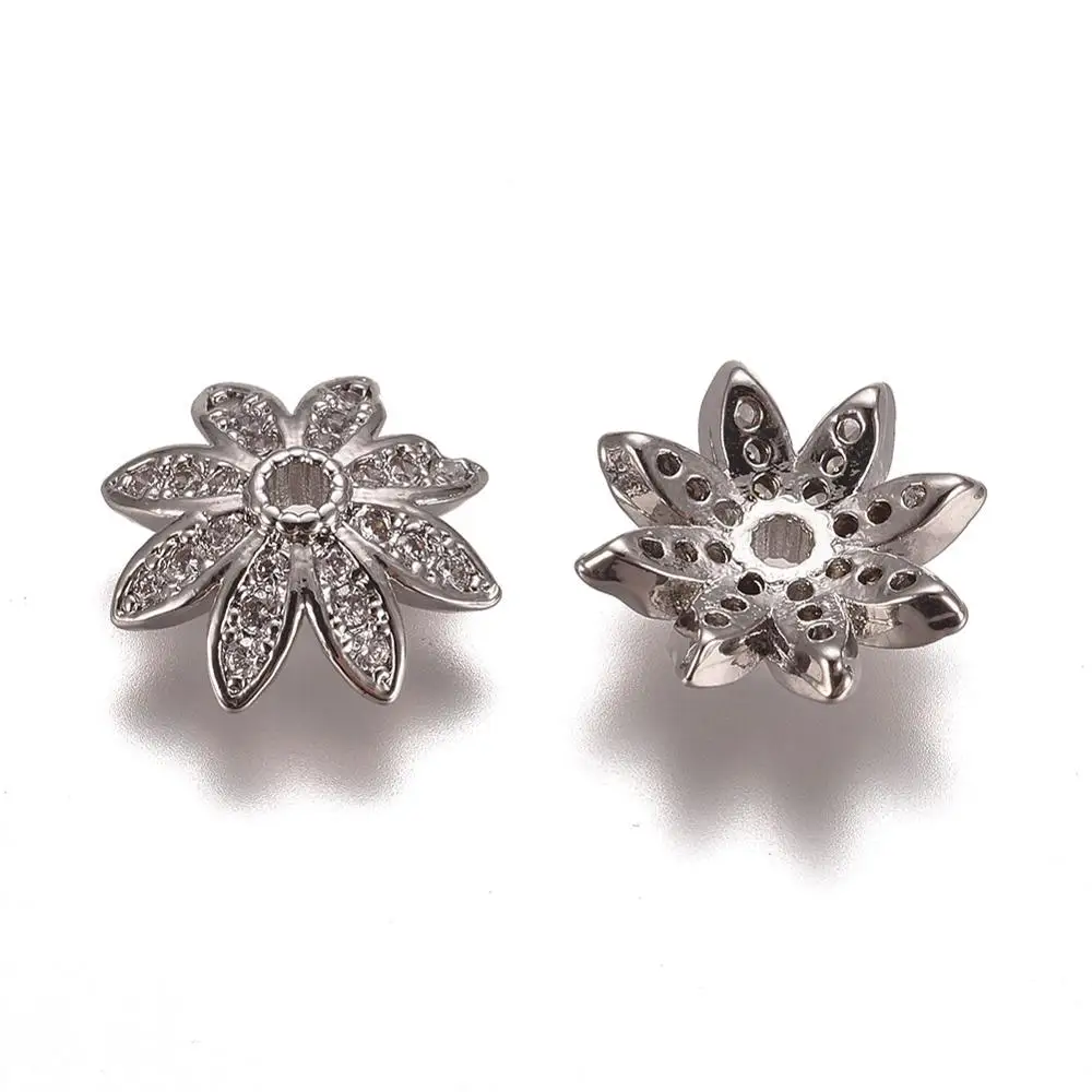 Brass Bead Caps Multi-Petal Micro Pave Clear Cubic Zirconia Flower Bead Cap For DIY Bracelet Tassels Jewelry Making Findings
