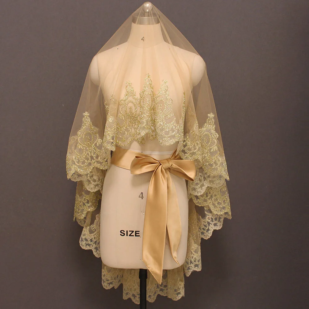 

Duvak ve Kusak Beautiful Gold Lace Tulle Wedding Veil without Comb Short Bridal Veil Wedding Accessories