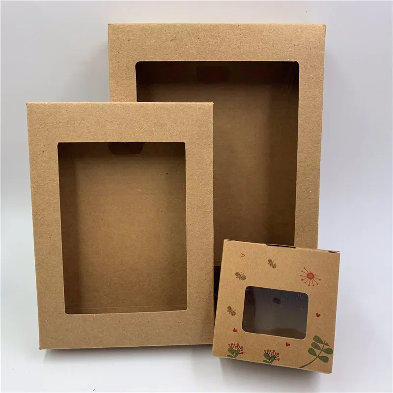 10Pcs Vintage Kraft Paper Gift Packaging Box with PVC Clear Window Wedding Favor