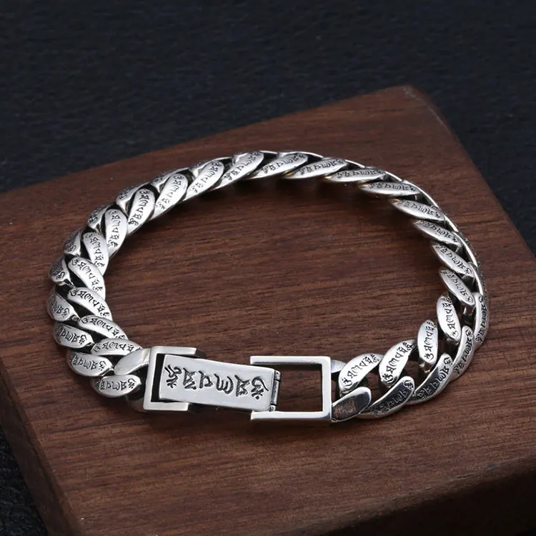 FNJ 925 серебряный браслет с мантрой 20 см звено цепи ширина 11 мм чистый S925 серебряные браслеты для мужчин ювелирные изделия
