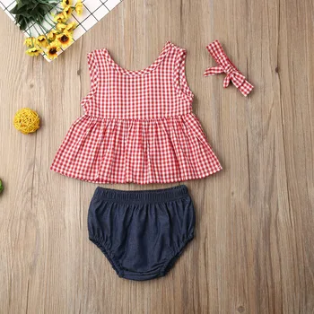 

Pudcoco Newborn Baby Girl Clothes Sleeveless Plaids Casual Dress Tops Short Pants Headband 3Pcs Outfits Clothes