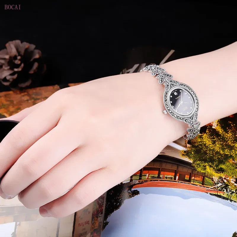 Серебро 925 пробы S925 Серебряные Браслеты для женщин стиль Модные ювелирные изделия ручной работы бабочка ретро часы браслеты