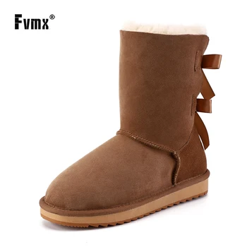 

FVMX Fashion Sheepskin Suede Leather Wool Fur Lined Mid-calf Women Winter Snow Boots with Bow-knot Girls Casual Shearling Boots