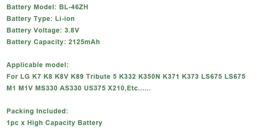 BL-46ZH Батарея для LG K7 K8 K8V K89 Tribute 5 K332 K350N K371 K373 LS675 LS675 M1 M1V MS330 AS330 US375 X210 BL 46ZH Батарея