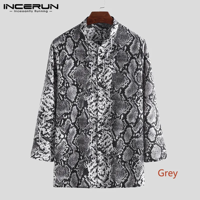 Gray Shirt INCERUN, модная мужская уличная рубашка с леопардовым принтом, глубокий v-образный вырез, сексуальные, на пуговицах, с длинным рукавом, повседневные рубашки, вечерние, Camisa Masculina - Цвет: Gray Shirt
