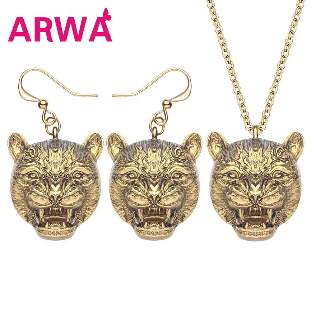 

ARWA Alloy Plated Antique Gold Panther Cheetah Leopard Head Jewelry Sets Earrings Necklace Mental Animal Jewelry Lady Girls Gift