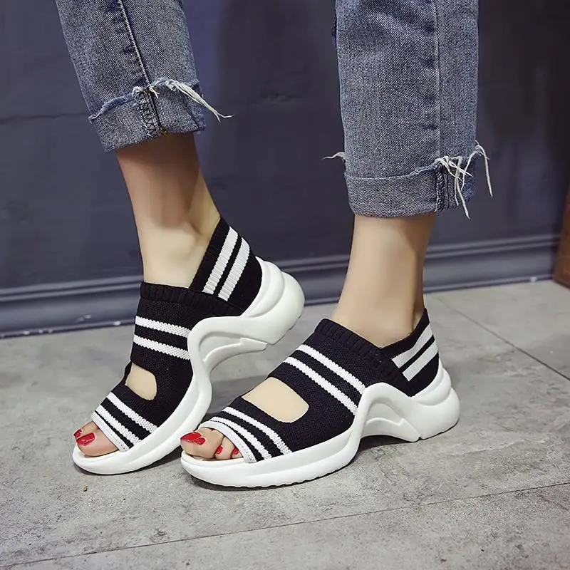 

Stripes Elasticity Fly Woven Fabric Cover Heel Sandals Women's Summer 2018 New Style Korean-style Fashion Casual Versatile Stude
