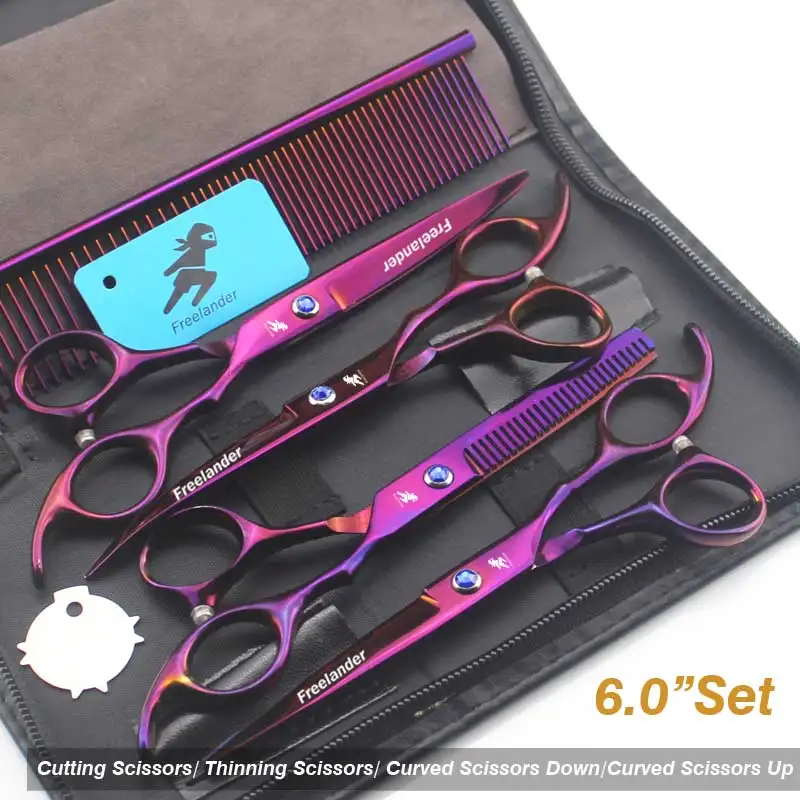 6.0inch professional scissors dog pet grooming polishing tool animal hair Cutting Scissors and Double tail curved scissors - Color: Purple Set
