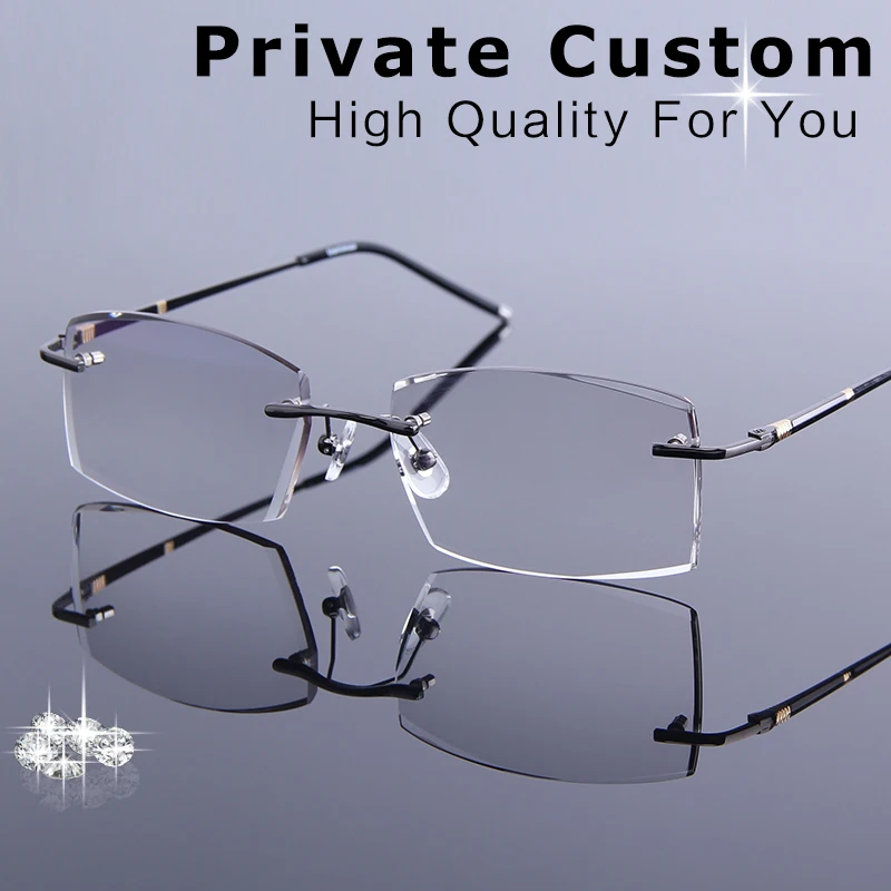 New Fashion Men Rimless Eyeglasses Metal Alloy Frames Diamond Trimming Reading Glasses Gradient Grey Lenses Chic Myopia |