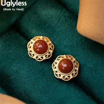 

Uglyless Hollow Frame Vines Earrings for Women Vintage Palace Dress Brincos Natural Jade Studs Earrings Gold 925 Silver Jewelry