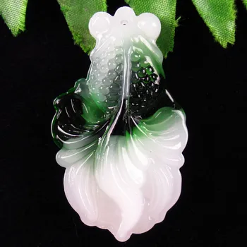 

1Pcs 17.4g Carved Green White Jades Goldfish Pendant Bead 53x30x12mm