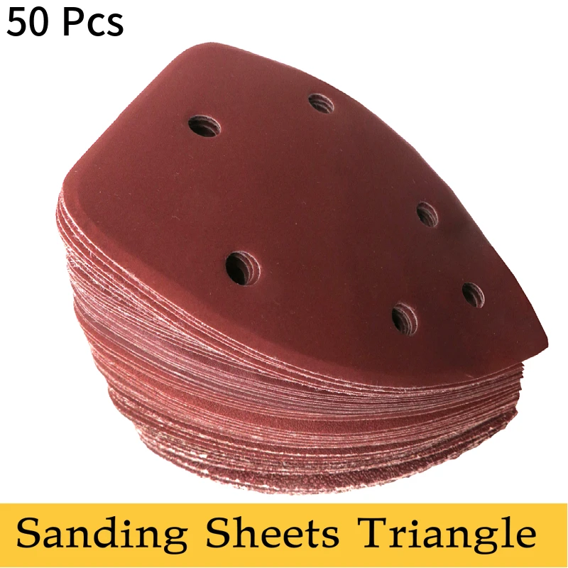 50PCS 140*98*mm 6 홀 샌딩 시트 삼각형 마우스 세부 사포 후크 & 루프 그릿 목재 샌딩 용 연마 샌딩 디스크