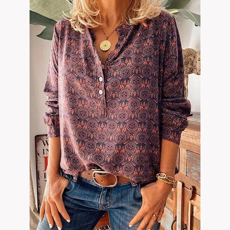 

2020 Christmas autumn and winter new shirts Europe and America hot sale retro print stand collar long sleeve loose top women