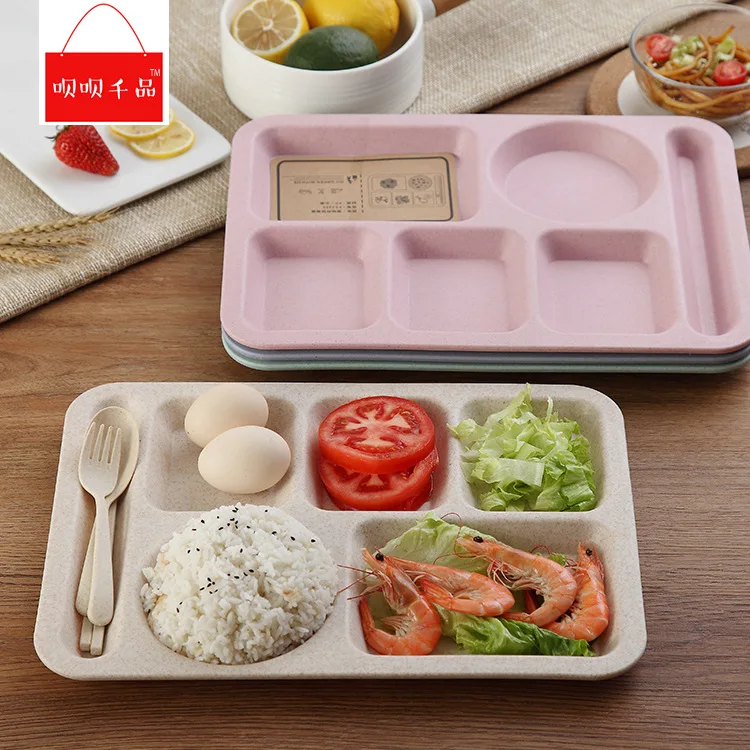 

Plastic Divided Plate Children Student Breakfast Plate Baby Plate Bowl Kindergarten Separate Dinnerware Set Fork Spoon AT105