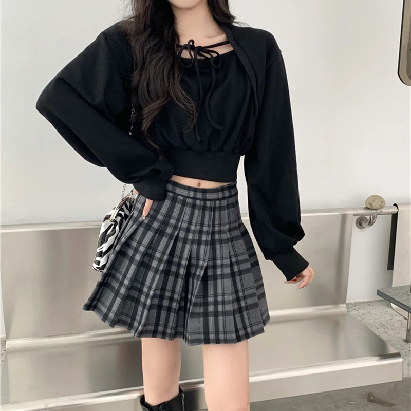 

Women Fashion Sweatershirt 2020 Autumn Fake Two Pieces Long Sleeve Short Pullover Female Slim Sweet Tie Bow Square Collar Tops