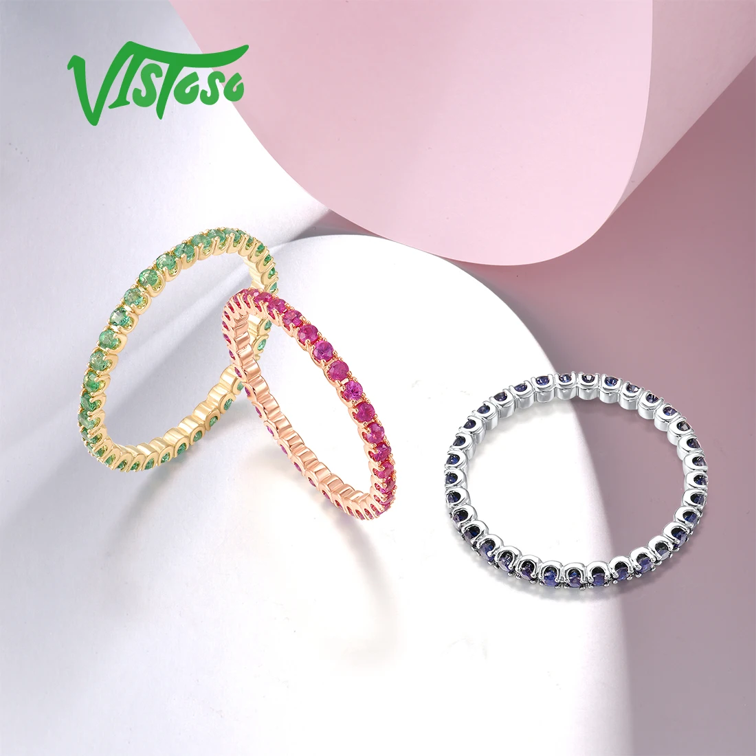 VISTOSO Pure 14K White/Rose/Yellow Gold Ring For Women Blue Sapphire/Ruby/Emerald Simple Style Eternity Ring Gift Fine Jewelry