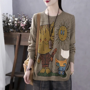 

retro autumn sweater sun cat cartoon printed sweater women loose pocket pullover sweaters female