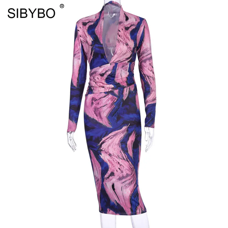 As shown SIBYBO принт тай-Дай сексуальное нижнее белье с глубоким v-образным вырезом Длинные вечерние платья с длинным рукавом сексуальное облегающее женское платье уличная весенние повседневные платья для Для женщин - Цвет: As shown
