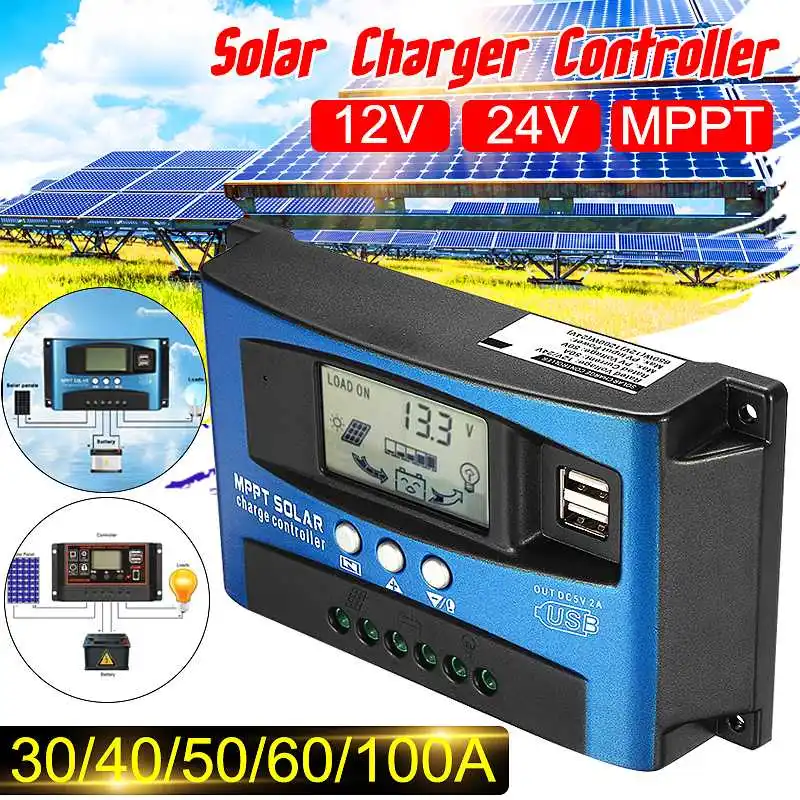 Controlador de Carga 100a 12v 24v Mppt Controladores Solares Solar Automático Display Lcd Dupla Usb 5v Saída 30 - 40 50 60 Cheap Controladores solares
