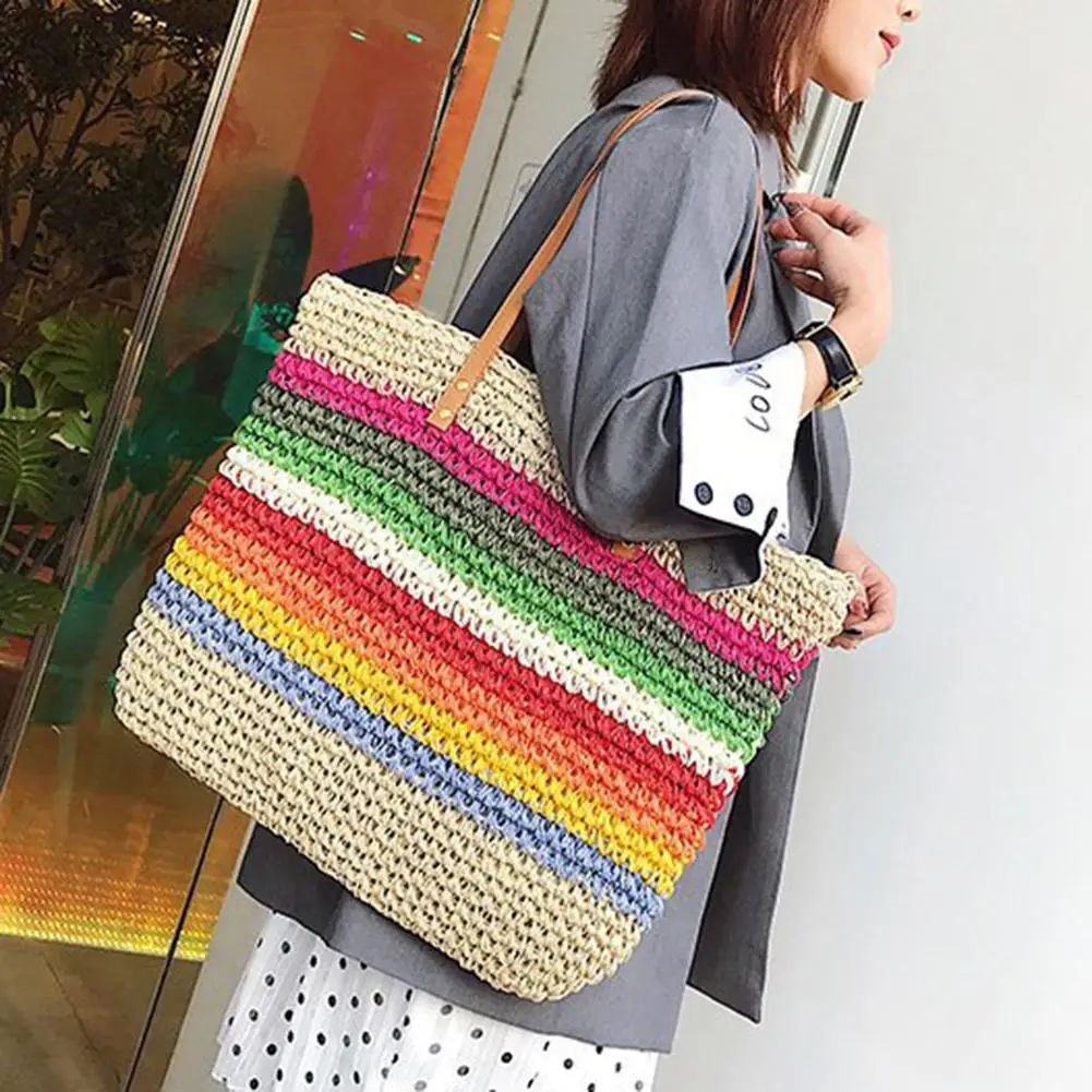 Красочная соломенная сумка большая сумка в радужную полоску хозяйственные сумки для женщин Большая емкость Пляжная плетеная Сумочка для плетеных сумок из ротанга