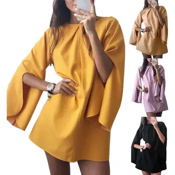 

Fashion Women Autumn Solid Color Long Flared Sleeve Loose Mini Evening Dress Loose Midi Dress For Women's Clothings Party Dress