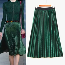 Летняя новая модная винтажная Блестящий глиттер цвета металлик, Золотая плиссированная юбка с эластичной резинкой на талии, женские вечерние юбки миди