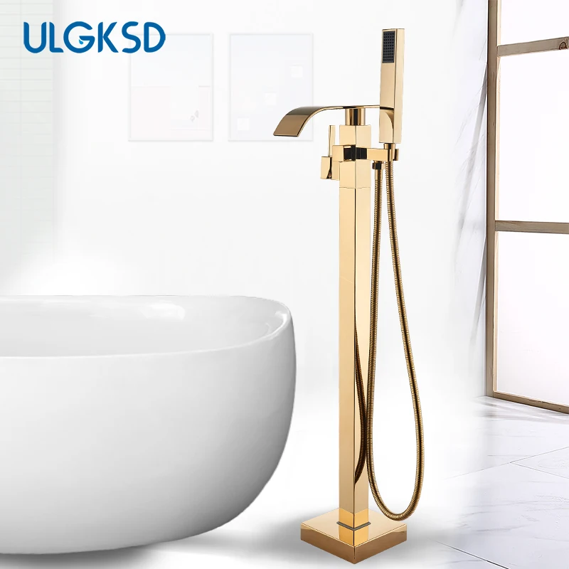 Golden Waterfall Bathtub Shower Faucets Floor Standing Faucet Hot Cold Water Shower Mixer Tap Square Tube Mixer Held Shower 3