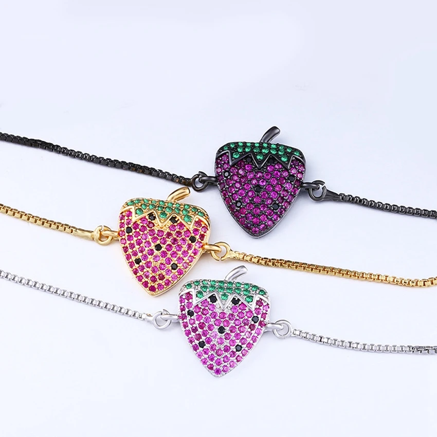 

3 Colors Lovely Fruit Strawberry Design Charm Bracelets for Women GIrls Birthday Gift AAA Cubic Zirconia Fashion Chain Bracelets