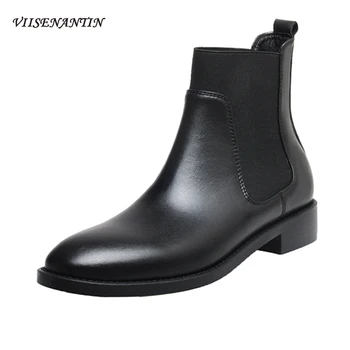 

Thick Heel Autumn Winter Korean Round Toe Flat Brown Real Leather Nude Chelsea Short Boots Women Platform Stretch Chunky Shoes