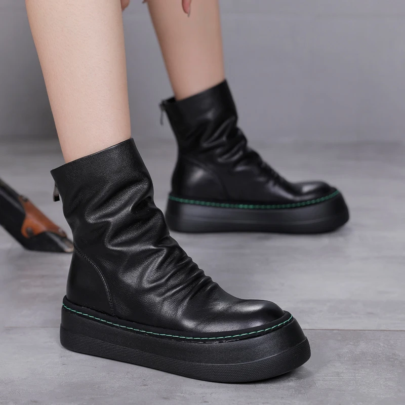 Botines de cuero genuino originales para mujer, zapatos planos con puntera cremallera de felpa para otoño e invierno, botas cortas con plataforma de costura|Botas hasta el tobillo| - AliExpress