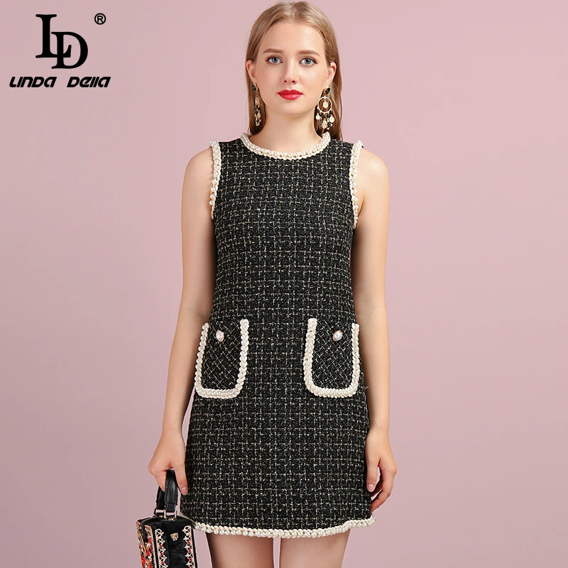 

LD LINDA DELLA Runway Fashion Autumn Winter Tweed A-Line Dress Women's Sleeveless Pearls Elegant Vintage Mini Short Dresses