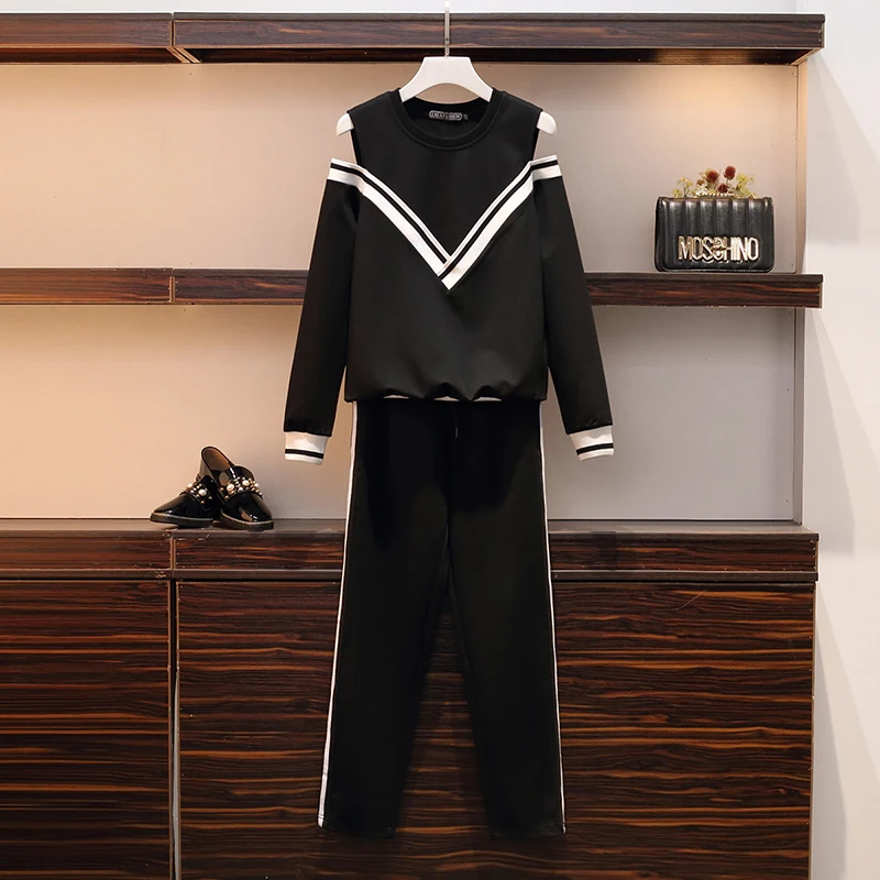

Sportswear 2 piece set ladies suit round neck short sweatshirt + side striped pants hooded 2 sets of women's clothing women