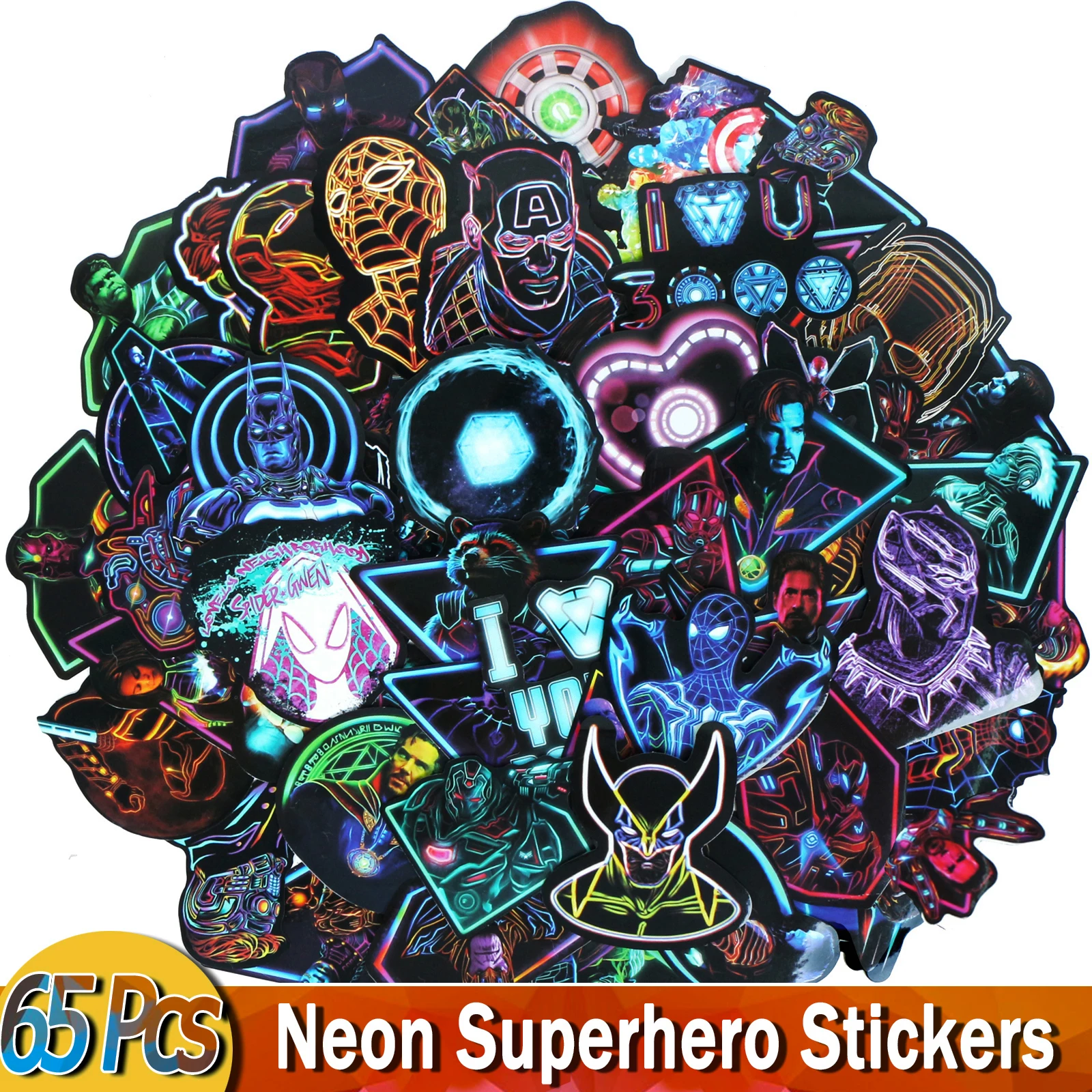 

65 PCS Neon Super Hero PVC Stickers for Guitar Car Luggage Laptop Suitcase Fridge Bicycle JDM Waterproof Sticker DIY Toys