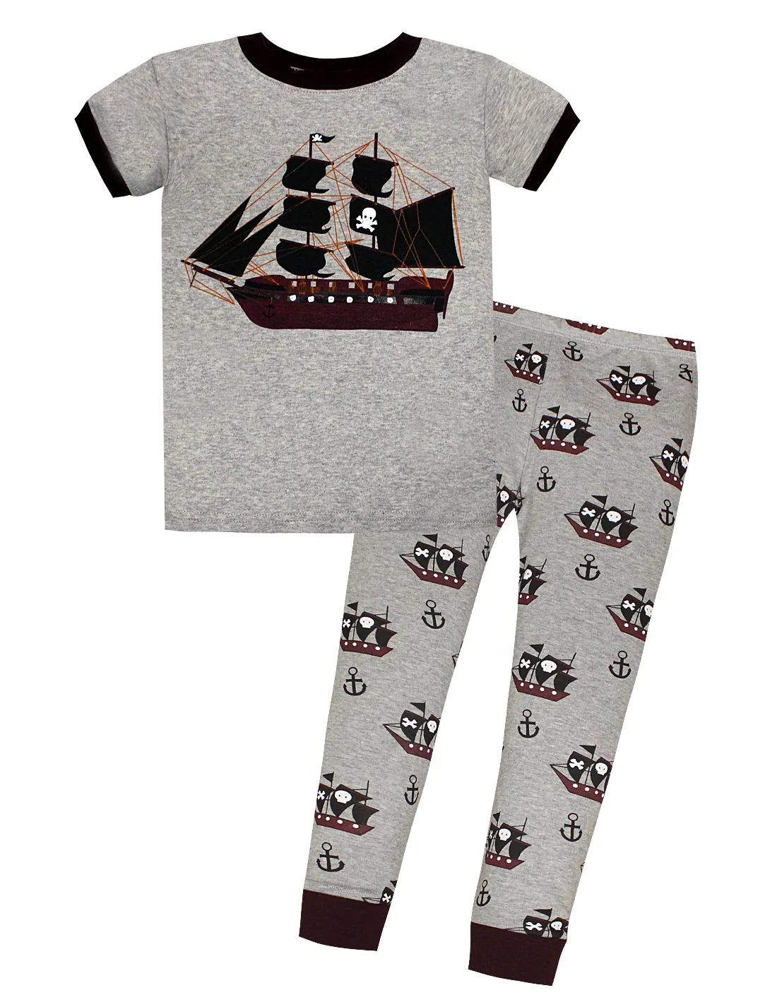 Детский спортивный костюм с короткими рукавами, комплект с брюками,, серый пиратский корабль, топы, штаны с героями мультфильмов
