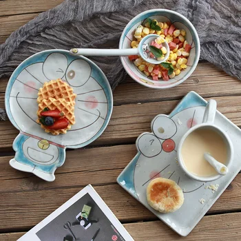 Creative Ceramic DORAEMON Plate / Spoon / Bowl Special Slotted Cup Breakfast bowl Home Office Fancy Gift for Tea Drinker