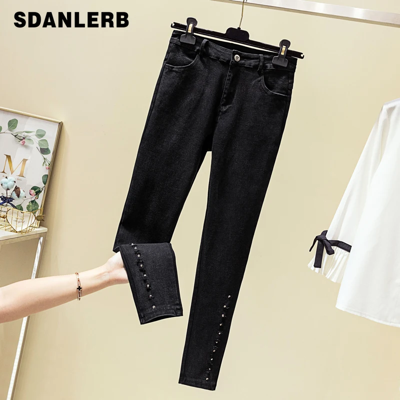 Plus Size Black Jeans Woman New High-waistband Elastic Pencil Pants Rivet Denim Trousers Lady Casual Soft Tights Trousers Femme