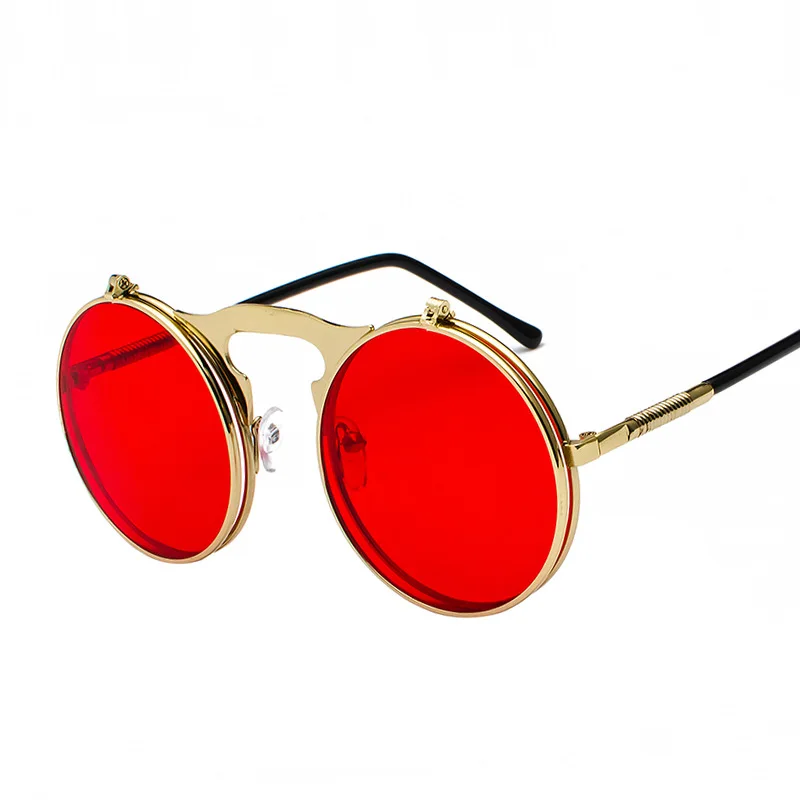 Винтажные стимпанк Солнцезащитные очки круглые дизайнерские паровые панк металлические OCULOS de sol wo мужские солнцезащитные очки с покрытием Ретро Круглые Солнцезащитные очки - Цвет линз: 10-Gold-Red