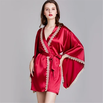 

Women's pajamas spring and summer rayon nightgown wedding gown wide-sleeved cardigan gown bridal gown bath robe women 2020 new