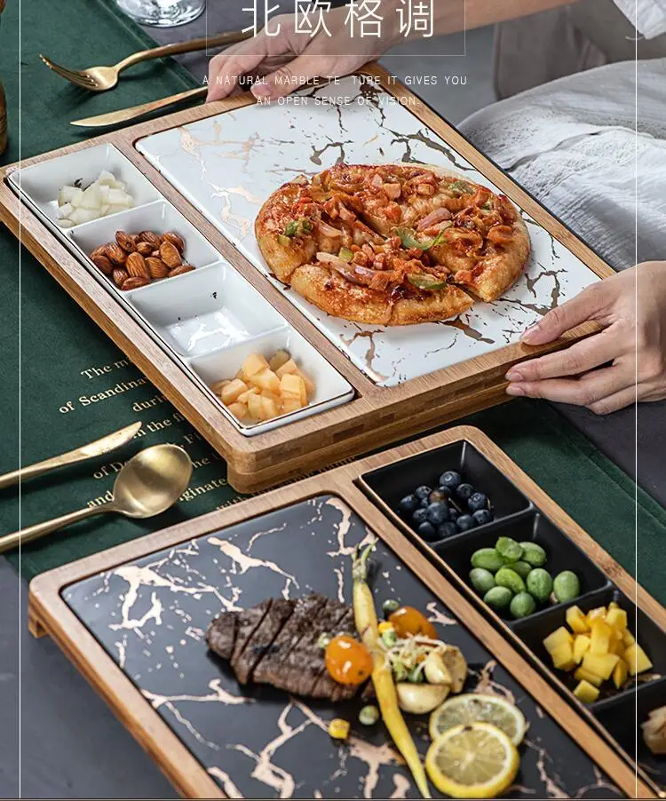 Imitation marble Western steak plate set creative snack dish pizza plate family restaurant ceramic tableware bamboo wooden tray