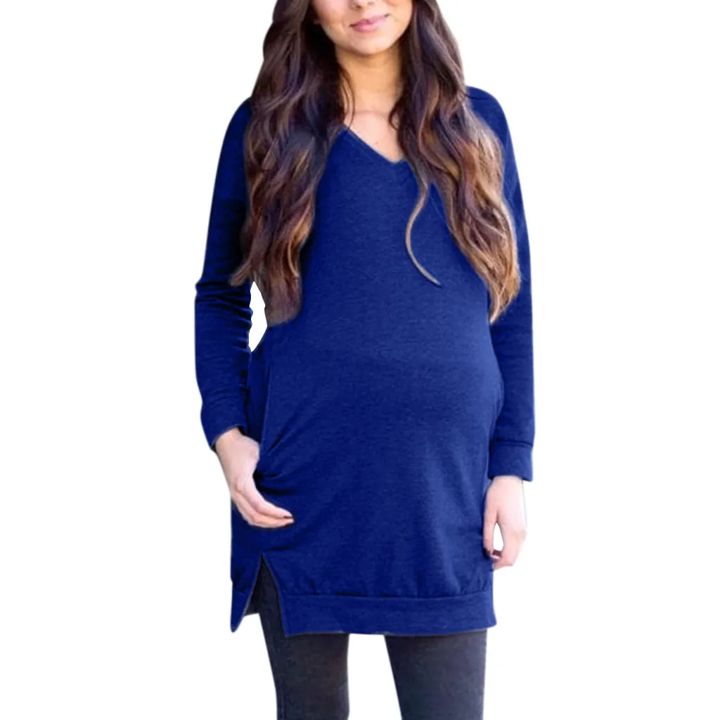Blue Одежда для кормящих матерей Для женщин, подходит для беременных с v-образным вырезом Топы с длинными рукавами и карманами, Блузка свитер ropa embarazada - Color: Blue