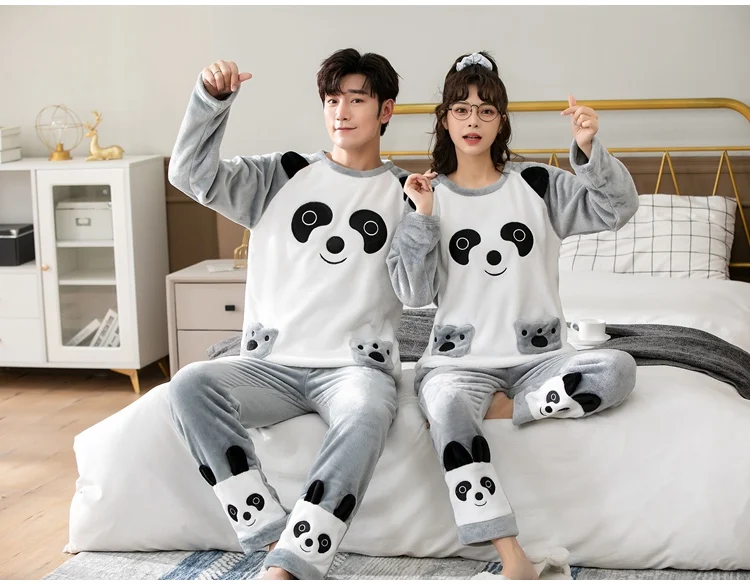 2021 Winter Long Sleeve Couple Thick Warm Flannel Pajama Sets for Men Cute Cartoon Sleepwear Pyjamas Women Homewear Home Clothes silk sleepwear