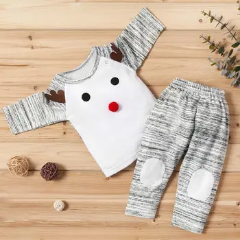 

PatPat Baby Christmas Elk Decor Striped Top Pants Set Elasticized Waist Spring Autumn Winter Round Neck Long Sleeve