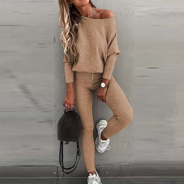 Tracksuit 2 Piece Set Autumn Winter Pullover Top Long Pants Sports Suit Female Sweatshirt Sportswear Suit For Woman Khaki