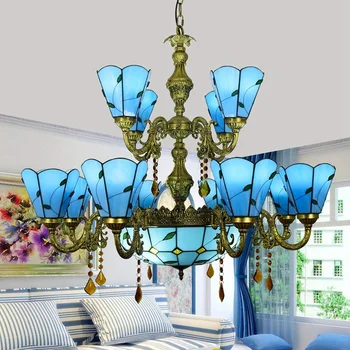 

Modern creative Mediterranean blue leaf large tiffany stained glass chandelier living room bar restaurant Crystal pendent lamp