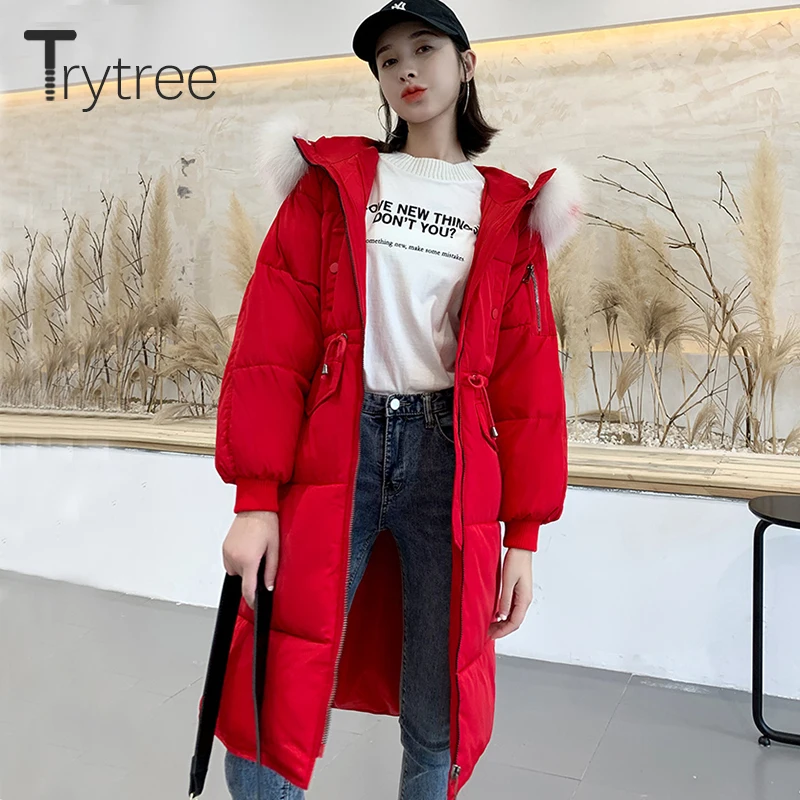 Trytree зимнее женское повседневное пальто с меховым капюшоном на молнии с кулиской на талии и карманом, 4 цвета, пуховик, Свободное длинное толстое пальто для работы