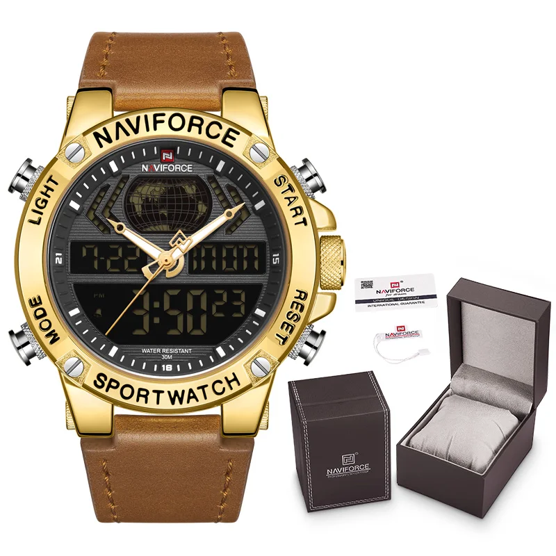 Часы naviforce Роскошные брендовые кожаные водонепроницаемые спортивные мужские кварцевый аналог цифровые наручные часы с коробкой набор для продажи - Цвет: GG-Box-A