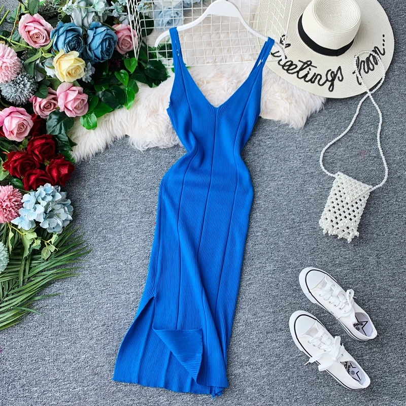 

Autumn Winter Knitted Sweater Dress Women Off Shoulder Midi Sexy Bodycon Dress Deep V- neck Sleeveless Party Long Dress Vestidos