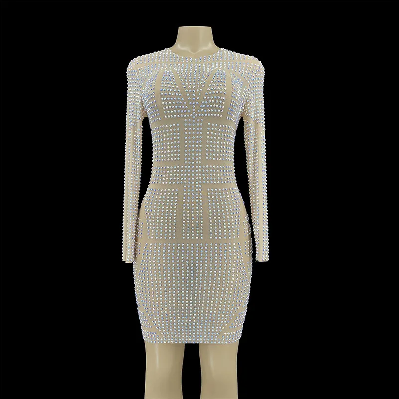 

New Fashion Long Sleeve Mesh Rhinestones Dress Blingbling Costume Women