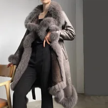 fashion winter new real leather lamb fur grass one coat coat women's long fox windbreaker fur